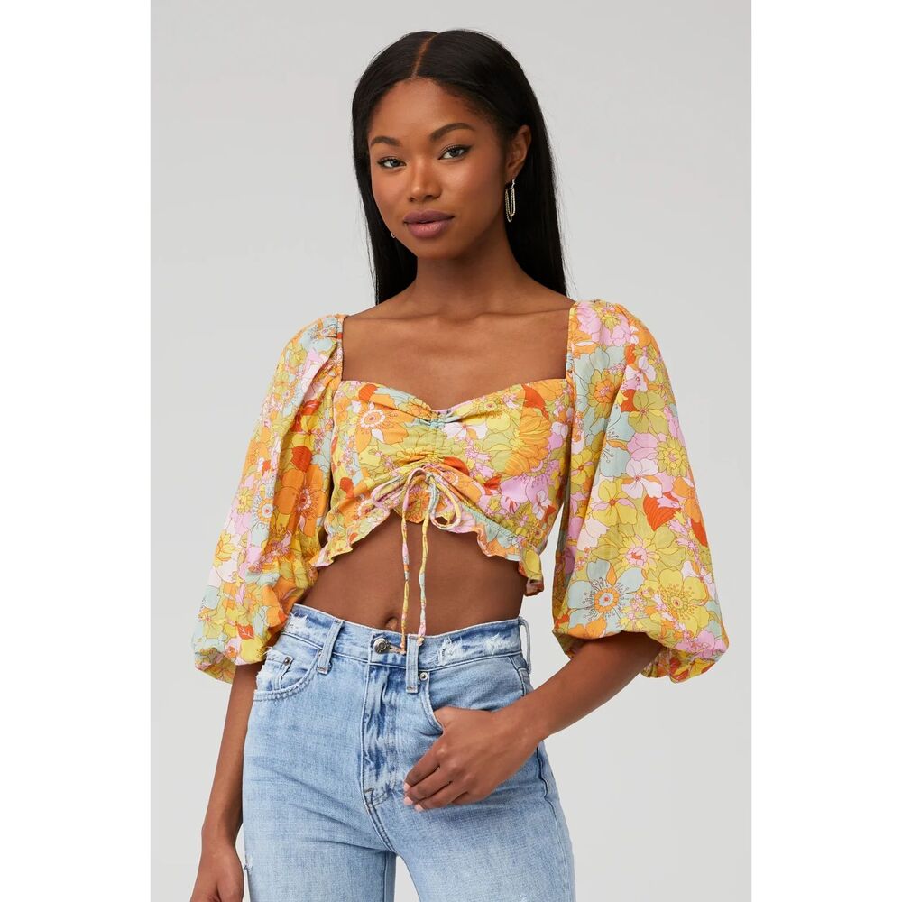 SHOW ME YOUR MUMU Womens Top Small Orange Floral Crop Balloon Sleeve Boho JENNA